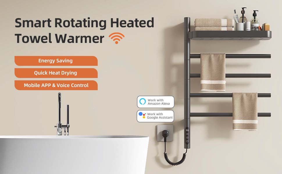 SIOYIE Smart Rotating Heated Towel Rack For Bathroom, Wall-Mounted Electric Towel Dryer With Swivel Bars & Shelf, Smart Timer, Low Carbon Steel, Plug-in/Hardwired, Towel Warmer With Wi-Fi App Control_voghion.com